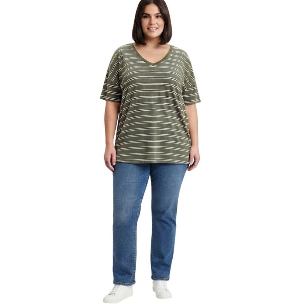 Time And Tru Green V Neck Tee Shirt Oversized Striped Summer Plus Size 2X